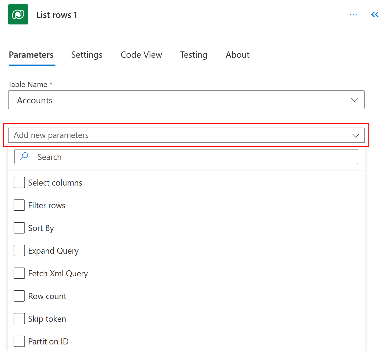 Captură de ecran cu opțiunile avansate pentru acțiunea Listare rânduri din panoul de acțiuni Configurare.