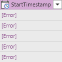 Captură de ecran cu erorile din StartTimestamp.