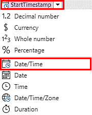 Captură de ecran a tipului de date Dată/Oră pentru StartTimestamp.