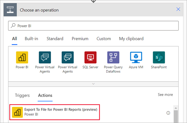 Screenshot showing the Power Automate dialog for choosing an operation. Export to file for Power BI reports is highlighted.