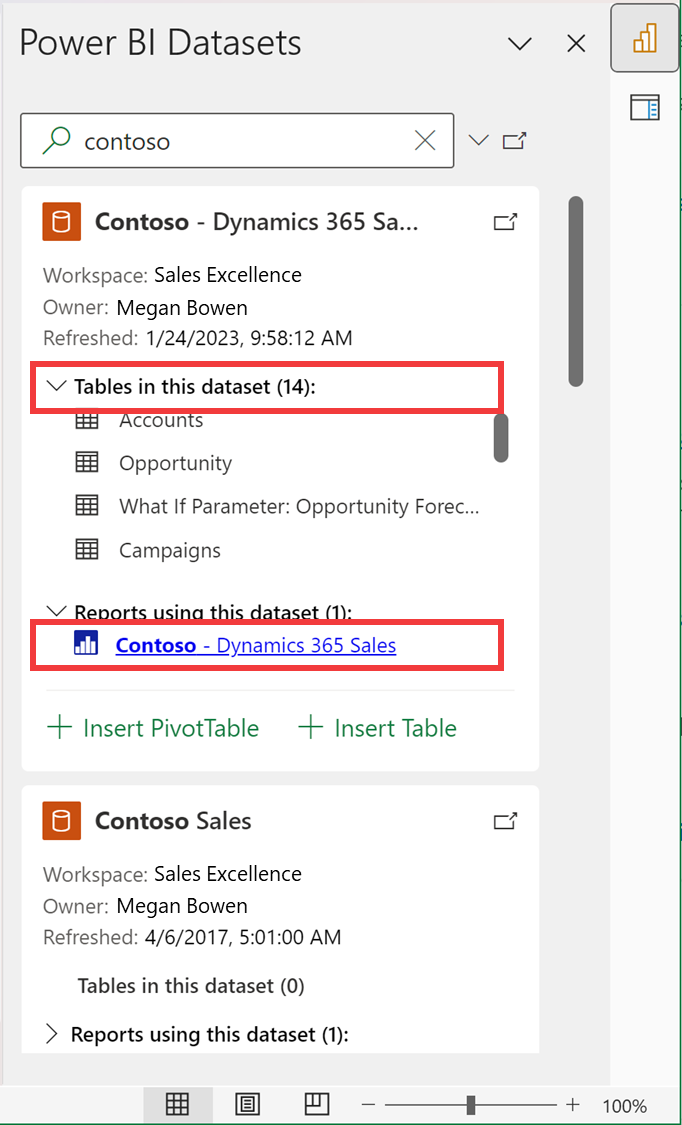 Screenshot showing list of Power BI semantic model in Excel.