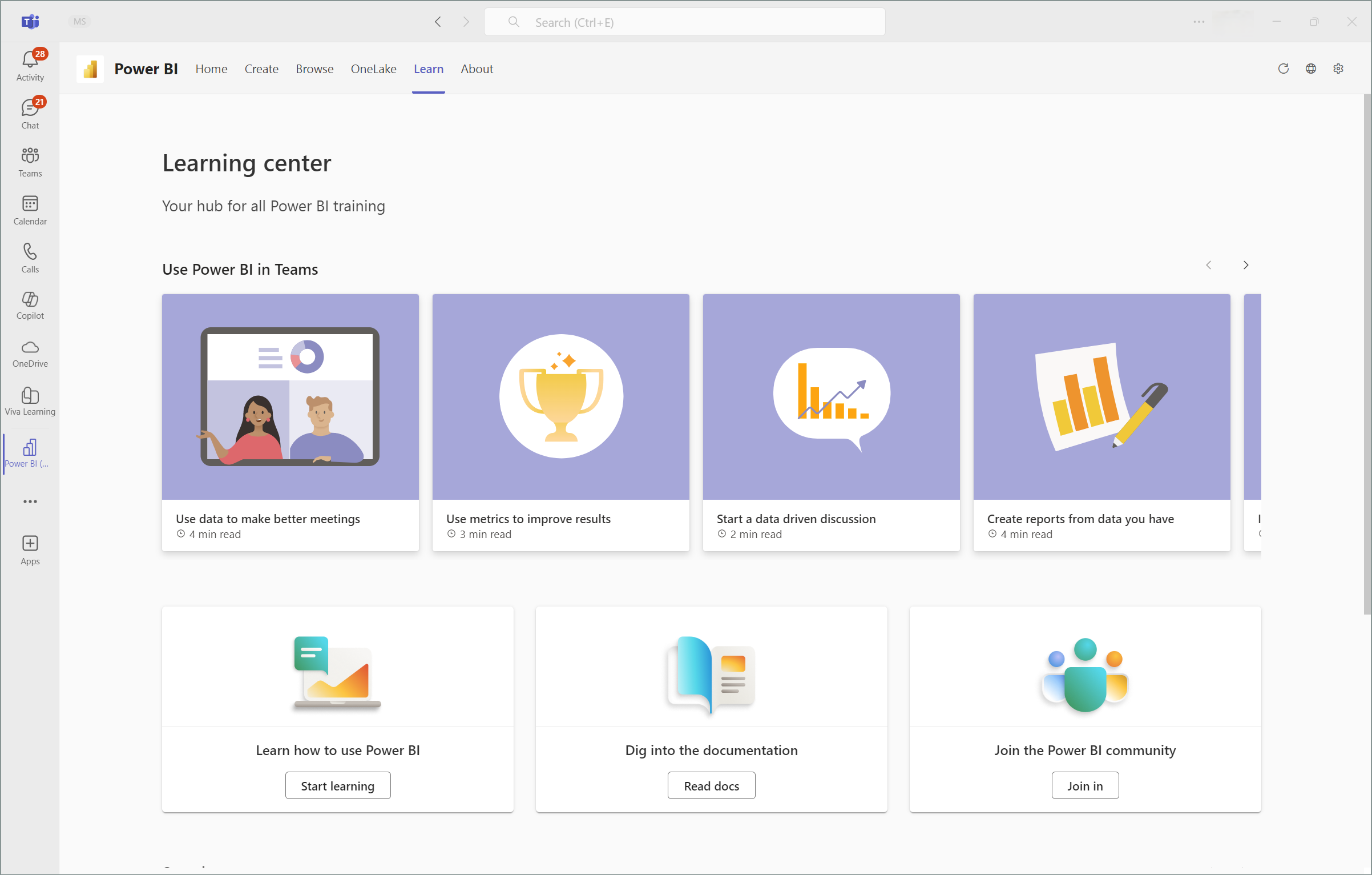 Screenshot of the Learning center in the Power BI app in Microsoft Teams. The Learn tab is selected in Teams and the Power BI navigation pane.