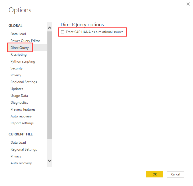 Screenshot of the Options dialog, showing the DirectQuery options.