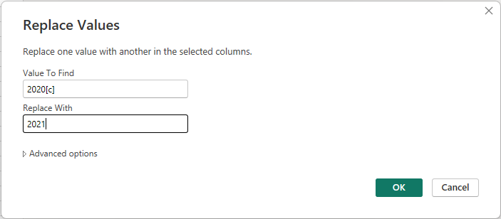 Screenshot shows the Replace Values dialog where you can change a value in a column.