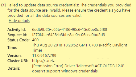 Screenshot shows a data source credential error message.