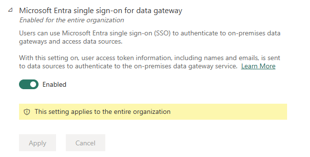 Screenshot of the Microsoft Entra SSO for gateway feature in the Power BI Admin portal.