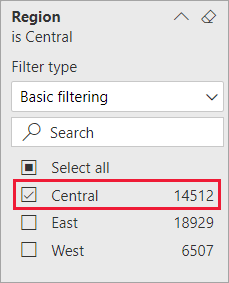 Screenshot of the Region filter expanded, and the Central option selected.