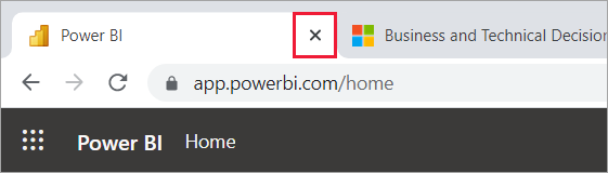 A screenshot showing the x on the browser tab to close Power BI.