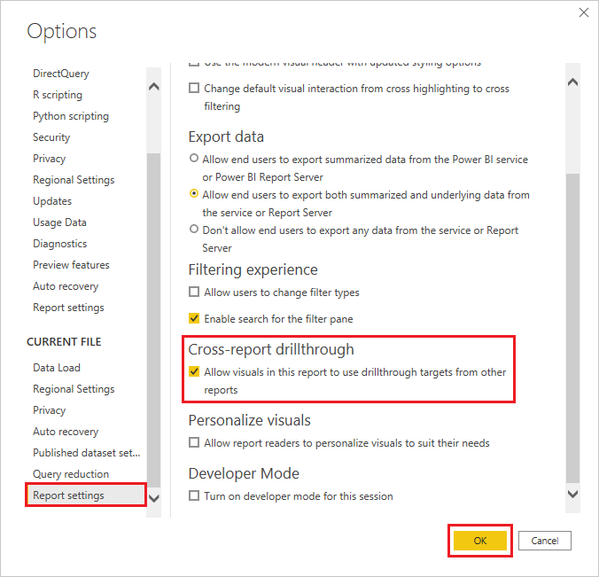 Screenshot showing enabling cross-report drillthrough in Power B I Desktop.