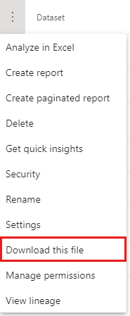 A screenshot of the Power BI workspace 'More options' menu on a semantic model with 'Download the .pbix' option highlighted.