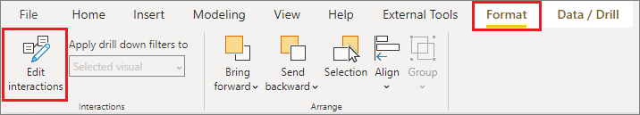 Screenshot of the Power BI Desktop Format menu, highlighting Edit interactions.