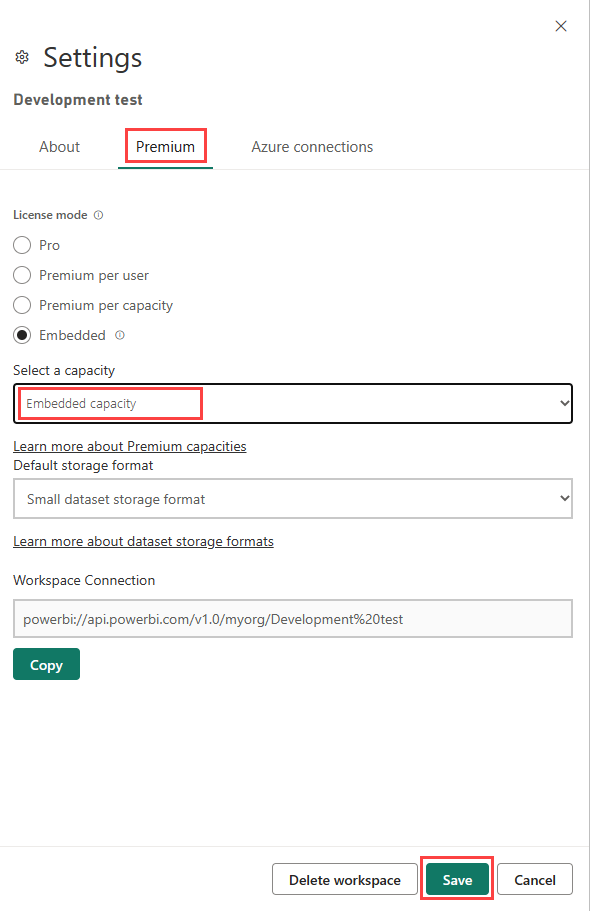 Screenshot of the premium settings of a workspace in the Power BI service. A selected capacity and the Save button are highlighted.