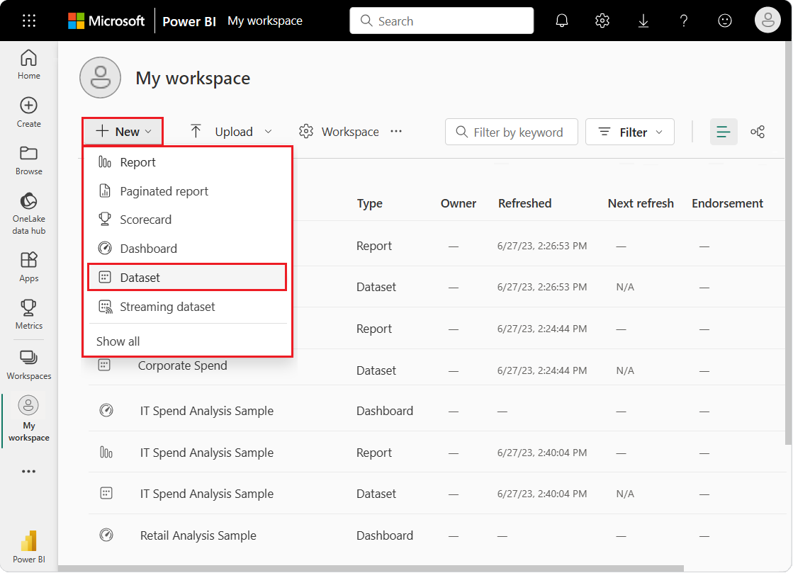 Screenshot that shows how to create a new semantic model to initiate the import process.