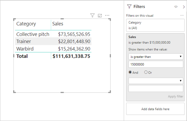 Screenshot of Power BI Desktop showing tabular data with applied filters.