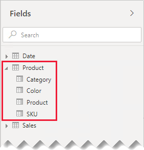 The Fields pane shows both tables expanded, and the columns are listed as fields with Product called out.