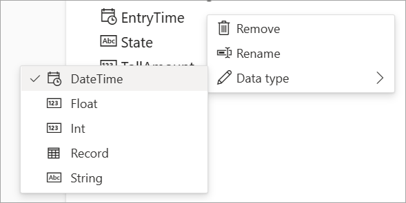 Screenshot that shows remove, rename and data type options for input data.