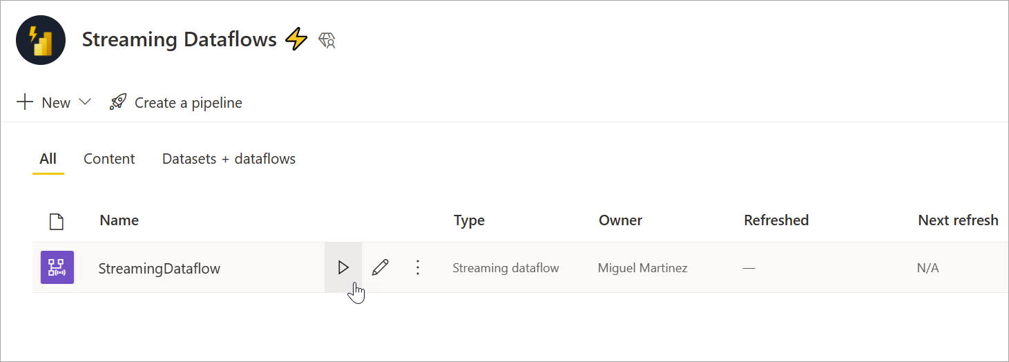 Screenshot that shows the play button for starting a streaming dataflow.