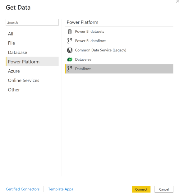 Screenshot of the Get Data window, Power Platform is selected in the navigation pane and Dataflows is highlighted in the main pane.