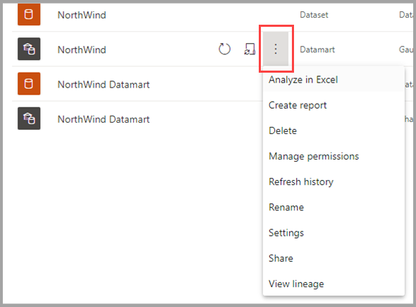 Screenshot of the datamart context menu.