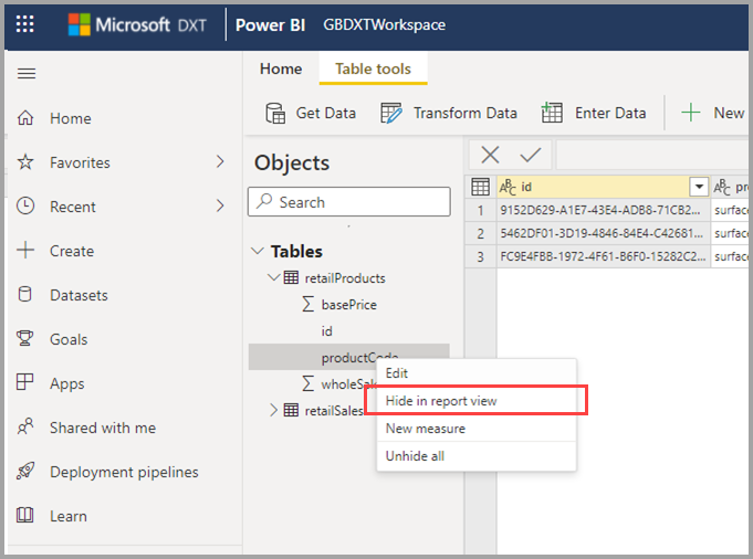 Screenshot of hiding an element from downstream reporting.