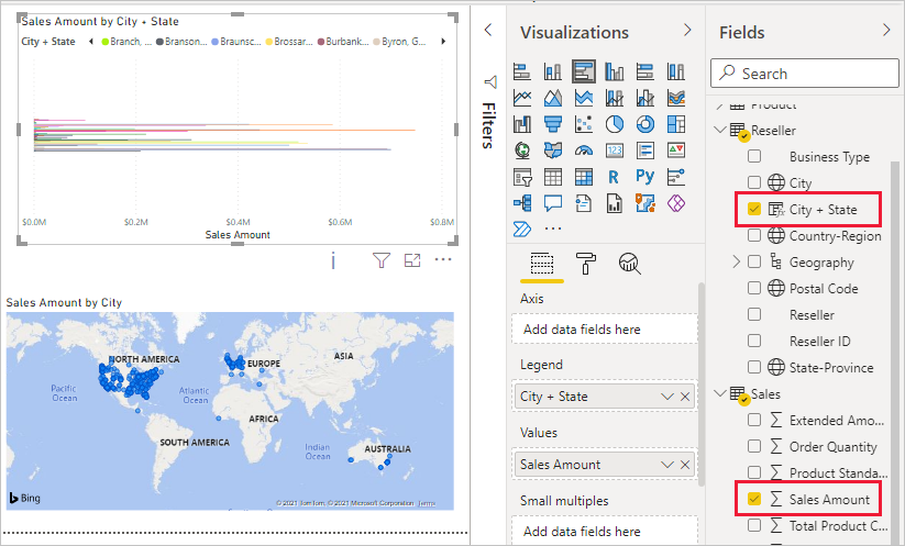 Screenshot of Report view showing a map and a clustered bar chart visual.