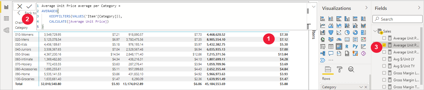 Screenshot of new quick measure in the visual, formula bar, and Fields list.