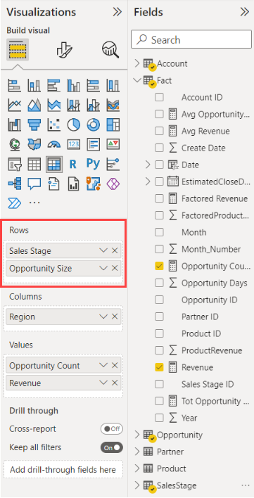 Screenshot of the Visualizations and Fields panes. The Rows section of Visualizations has Sale Stage and Opportunity Size fields and is called out.