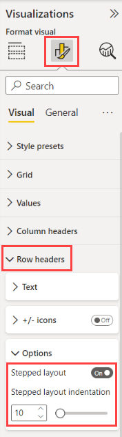 Screenshot of the Format section of the Visualizations pane. Under Row headers, Stepped layout is turned on with the Stepped layout indentation at 10.