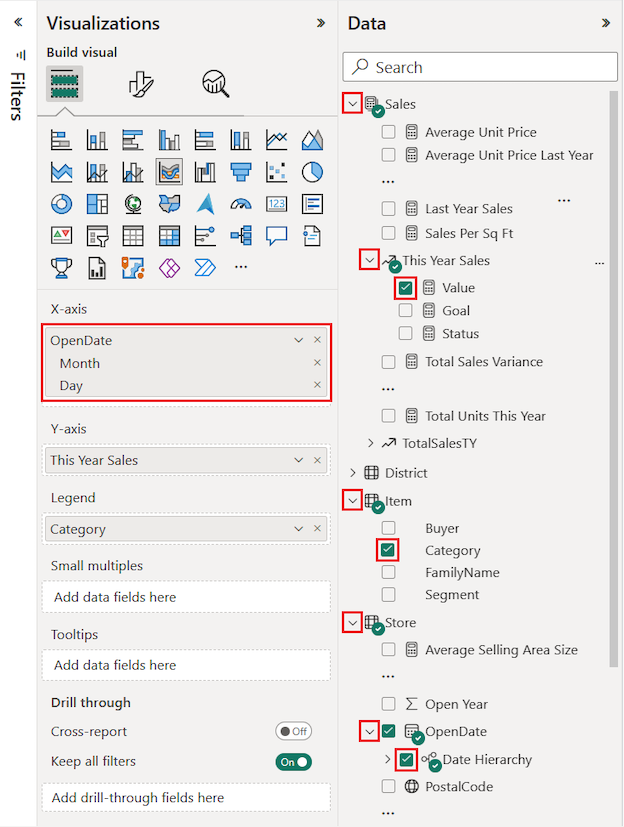 Screenshot that shows the selected Data fields and modified fields in the Visualization for the ribbon chart.