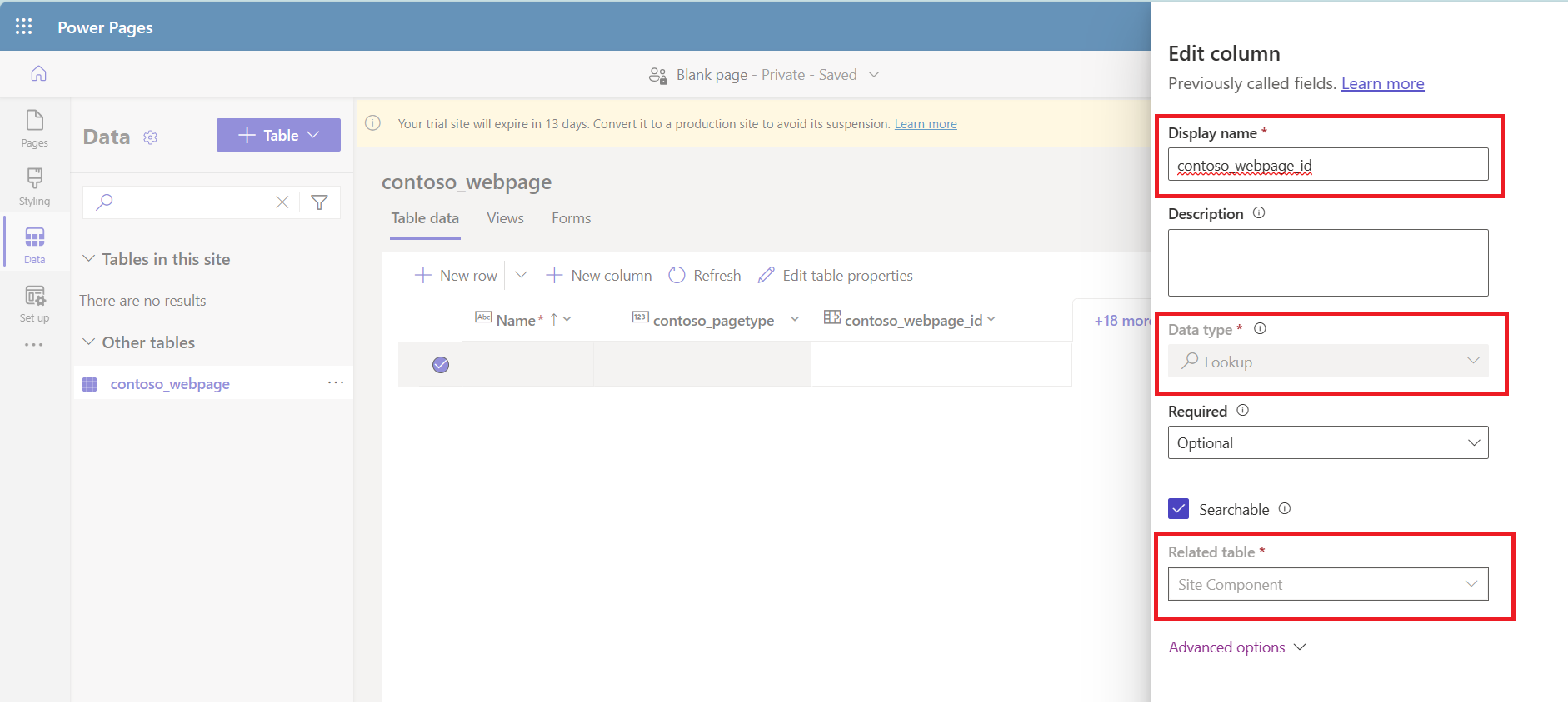 Creați tabelul contoso_webpage în modelul de date îmbunătățit pentru a corecta codul