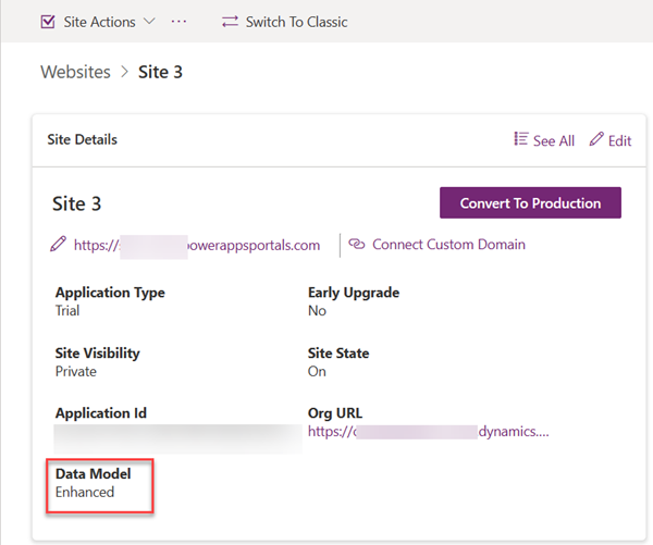 Captură de ecran care arată câmpul Model de date setat la Îmbunătățit în secțiunea Detalii site pentru un site.
