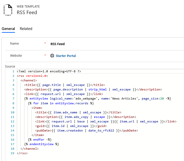 Configurați un șablon web pentru un flux RSS.