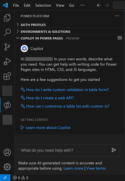 Visual Studio Cod cu Copilot inclus Power Pages.