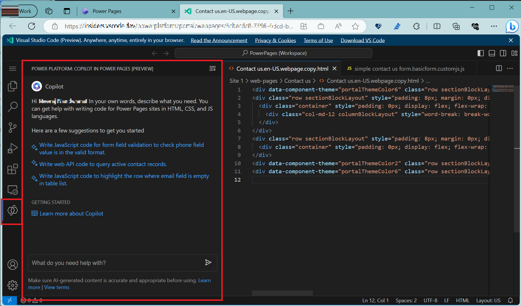 O captură de ecran a aplicației *Code for the Web*. Visual Studio 