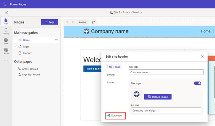 Editați codul din antetul Pagini.
