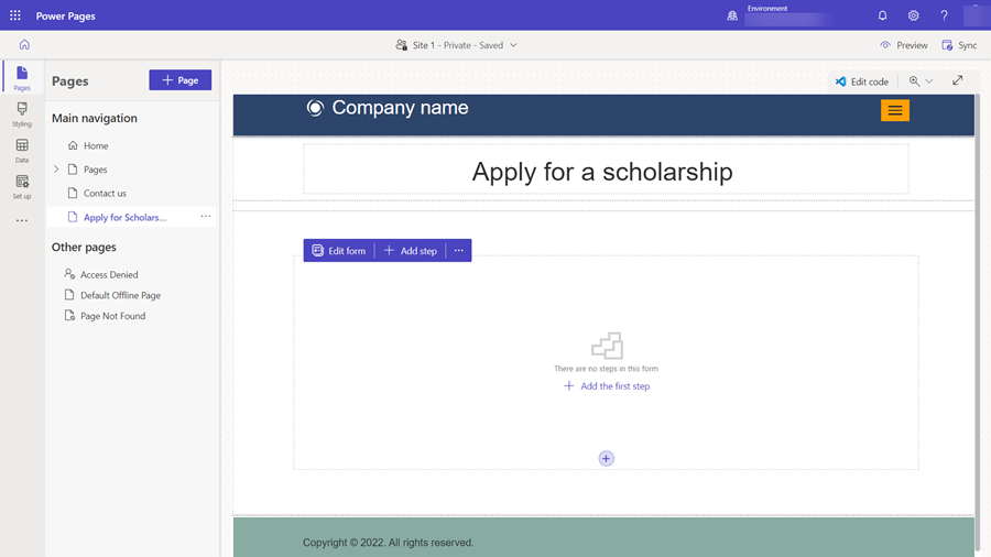 Un formular gol în mai mulți pași adăugat la o pagină web.