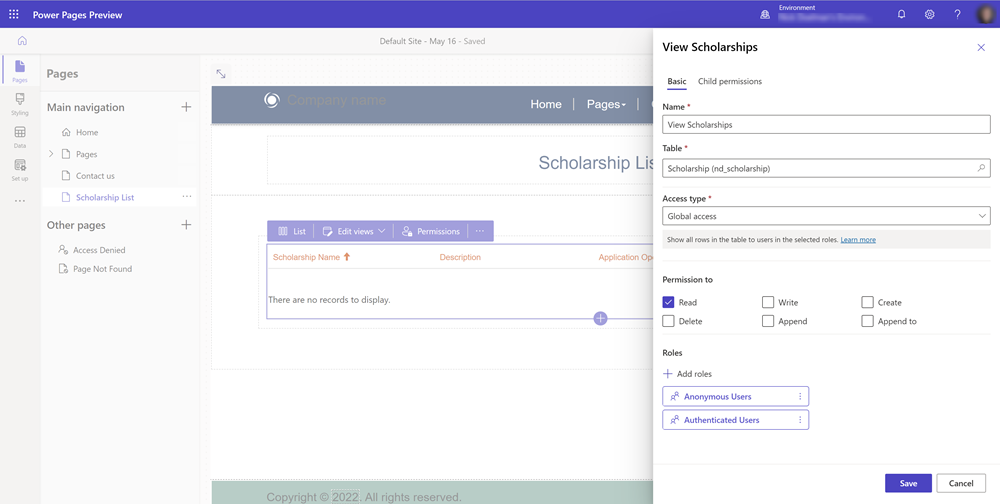 Creați o permisiune pentru tabel.
