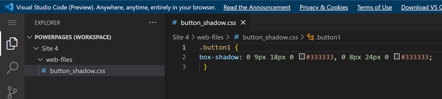 Editați fișierul CSS în Visual Studio Code pentru web.