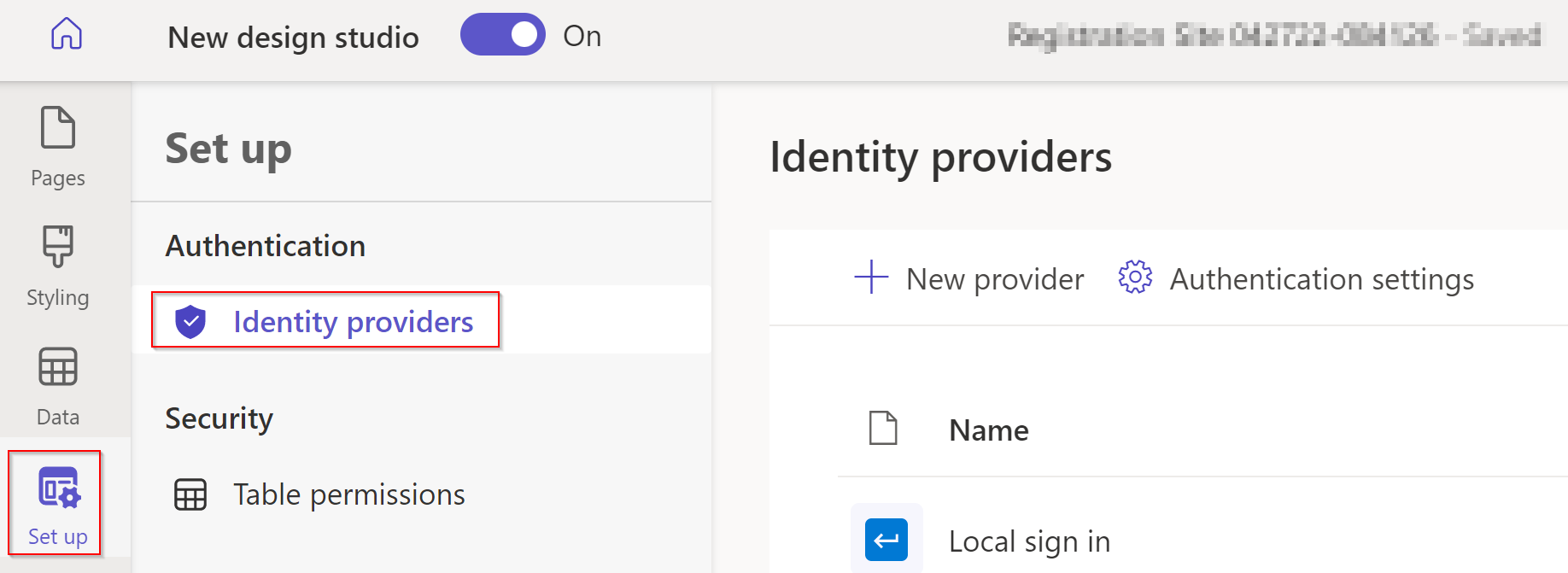 Alegeți un furnizor de identitate din meniul Configurare.