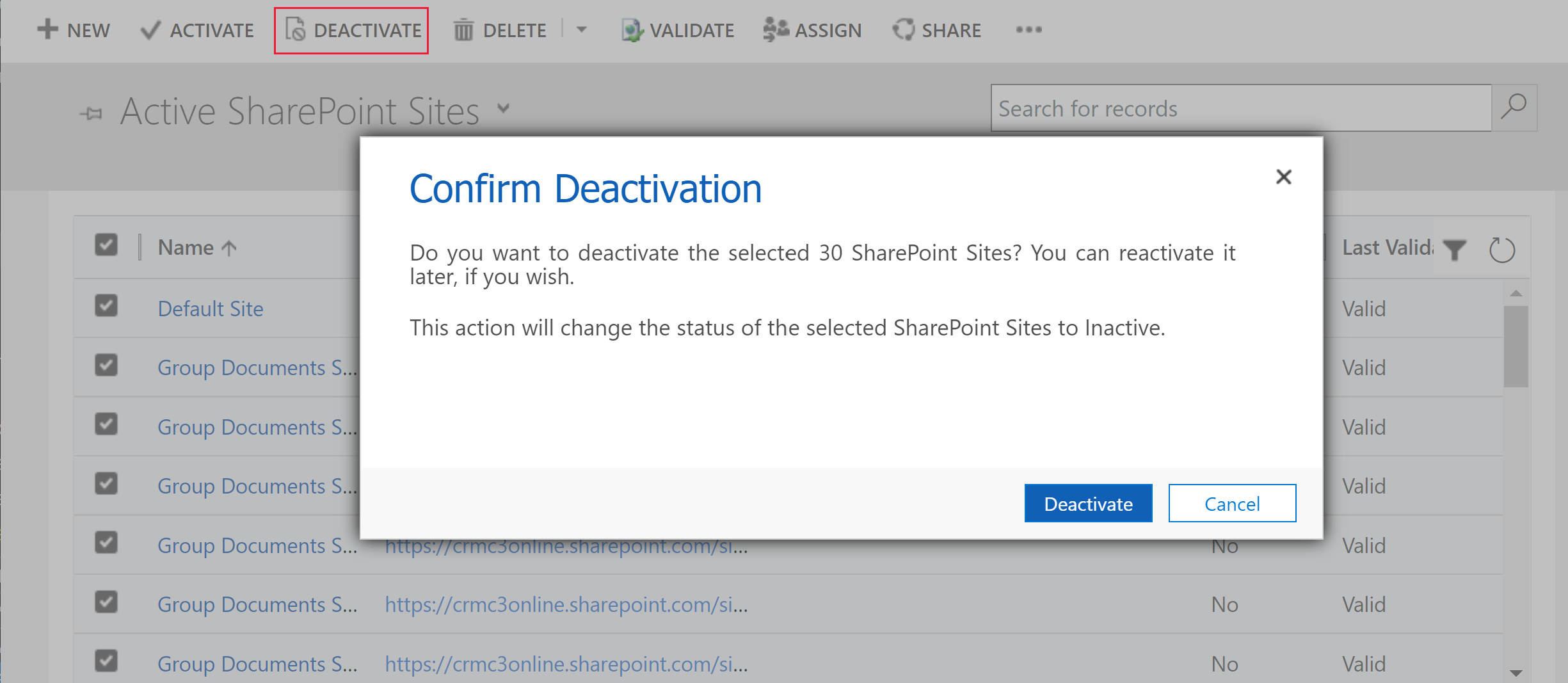 Dezactivați toate SharePoint site-urile