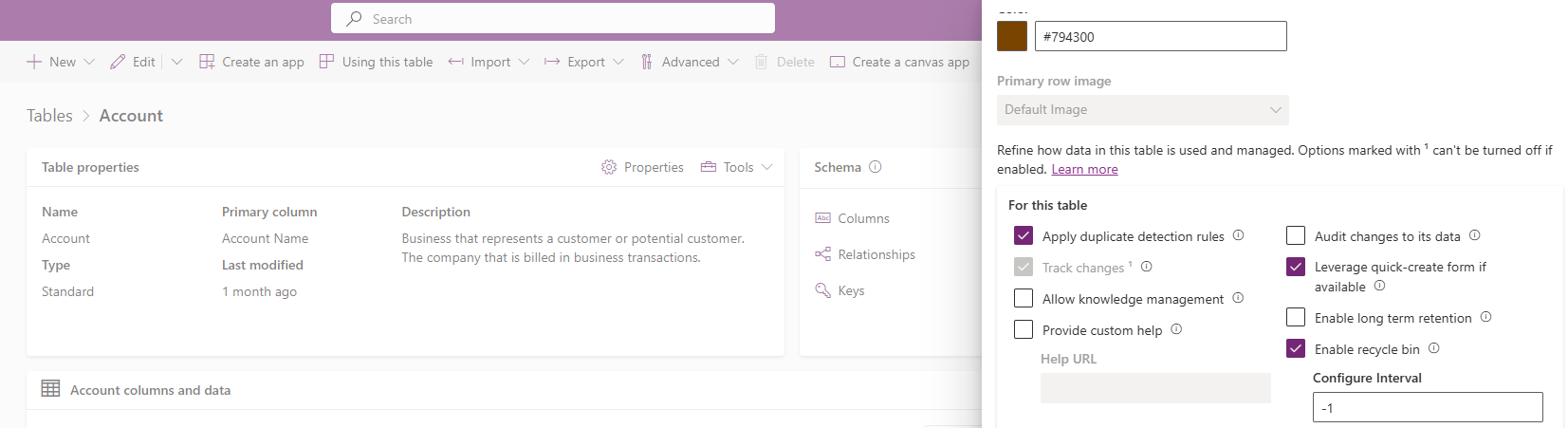 Captură de ecran a opțiunii Dezactivare coș de reciclare pentru un tabel.