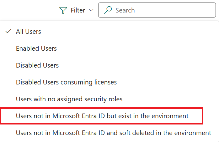 Selectați Filtru din meniul superior pentru utilizatorii din Entra.