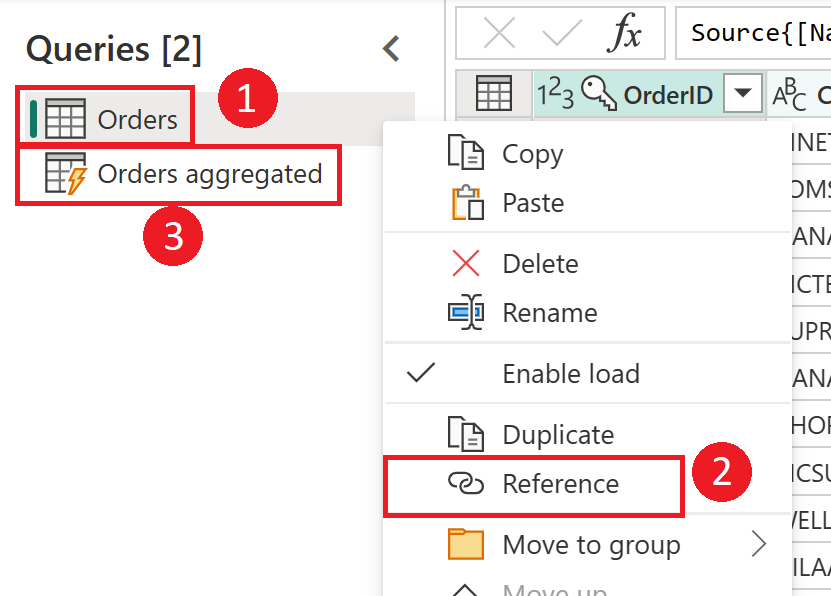 Screenshot showing an Orders query with the reference option being used to create a new query called Orders aggregated.