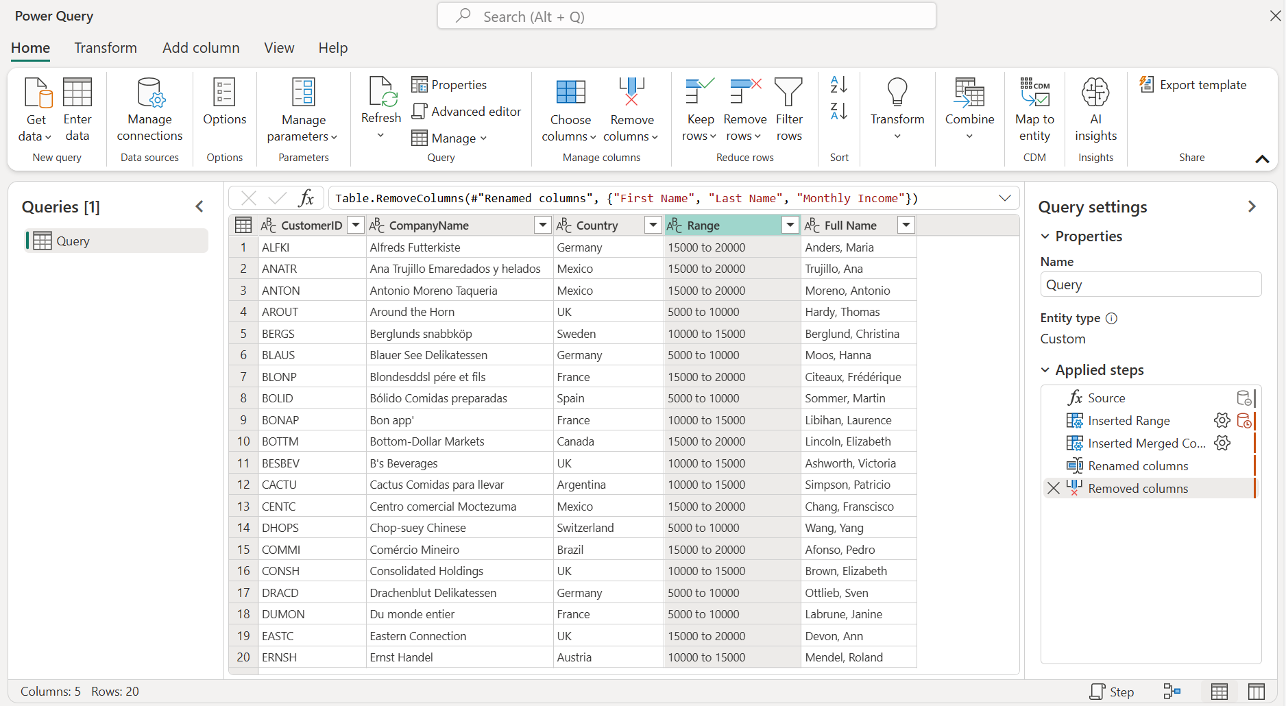 Final table with first name, last name, and monthly income columns removed, and income range and full name columns added.