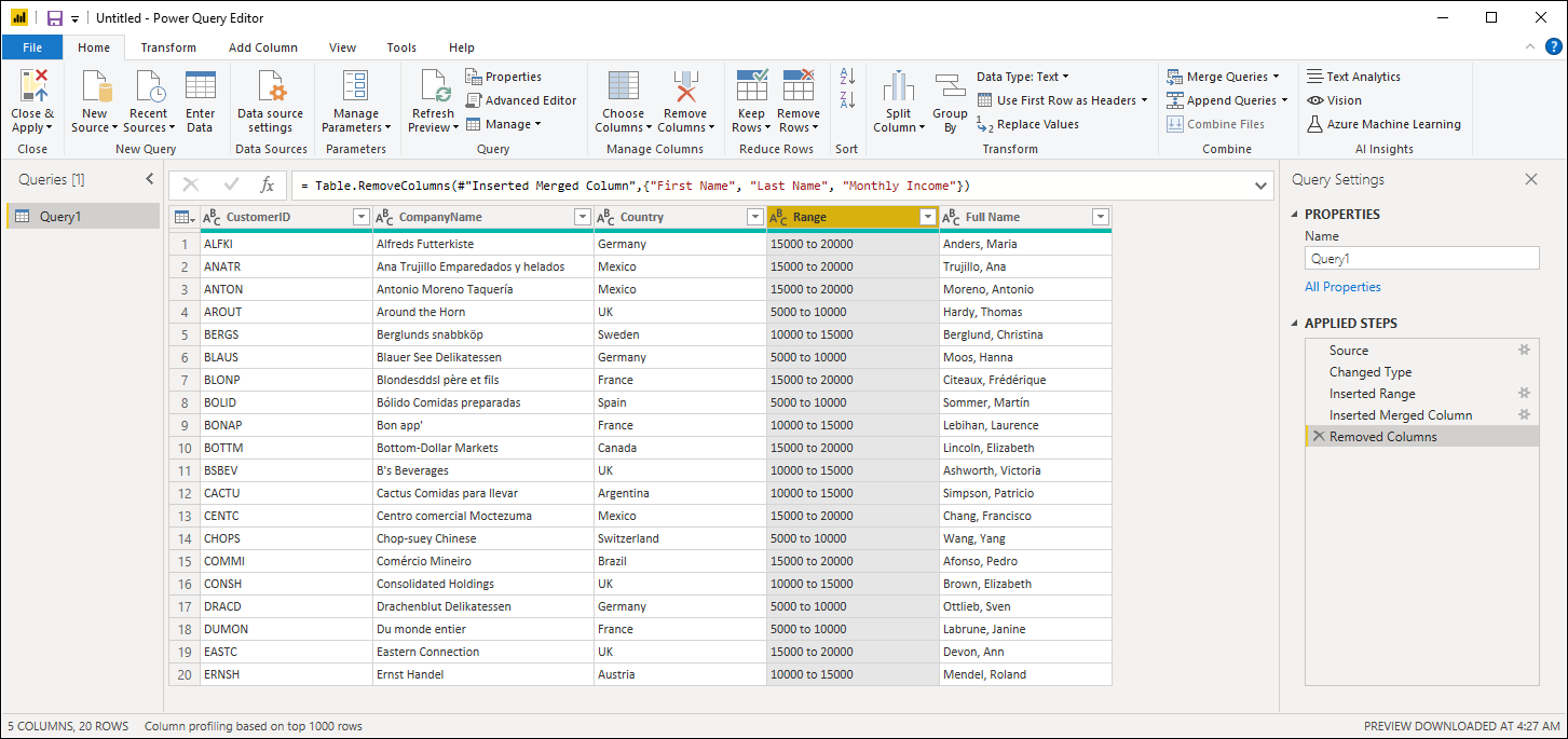 Final table with income range and full name columns added.