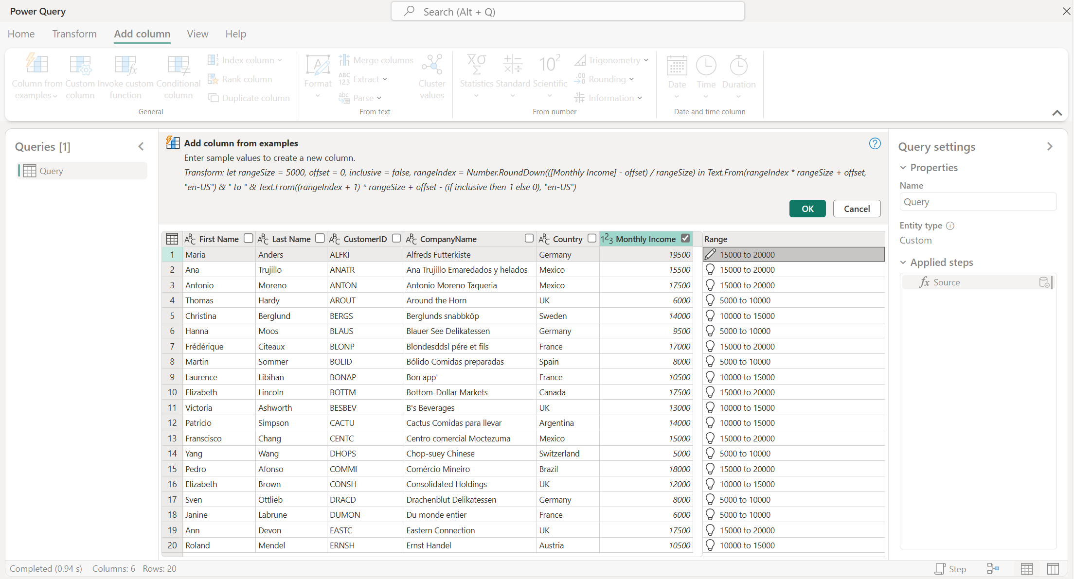 Entering data in the new range from example.