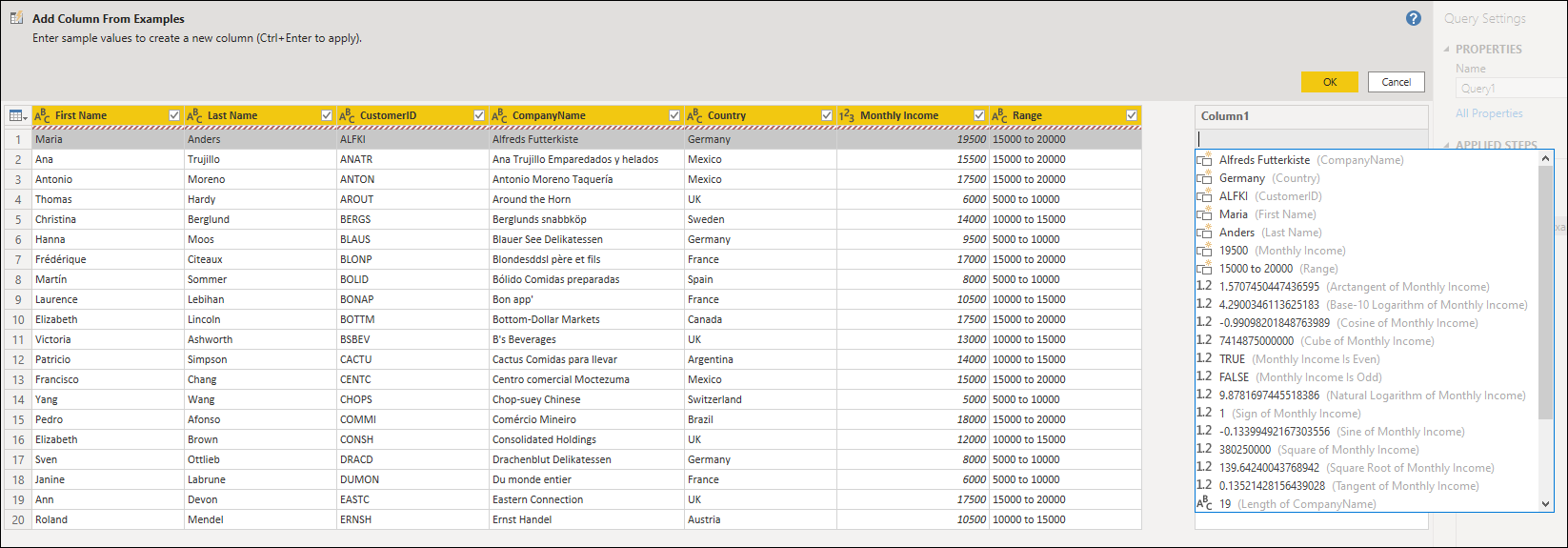 Column from example suggestions.