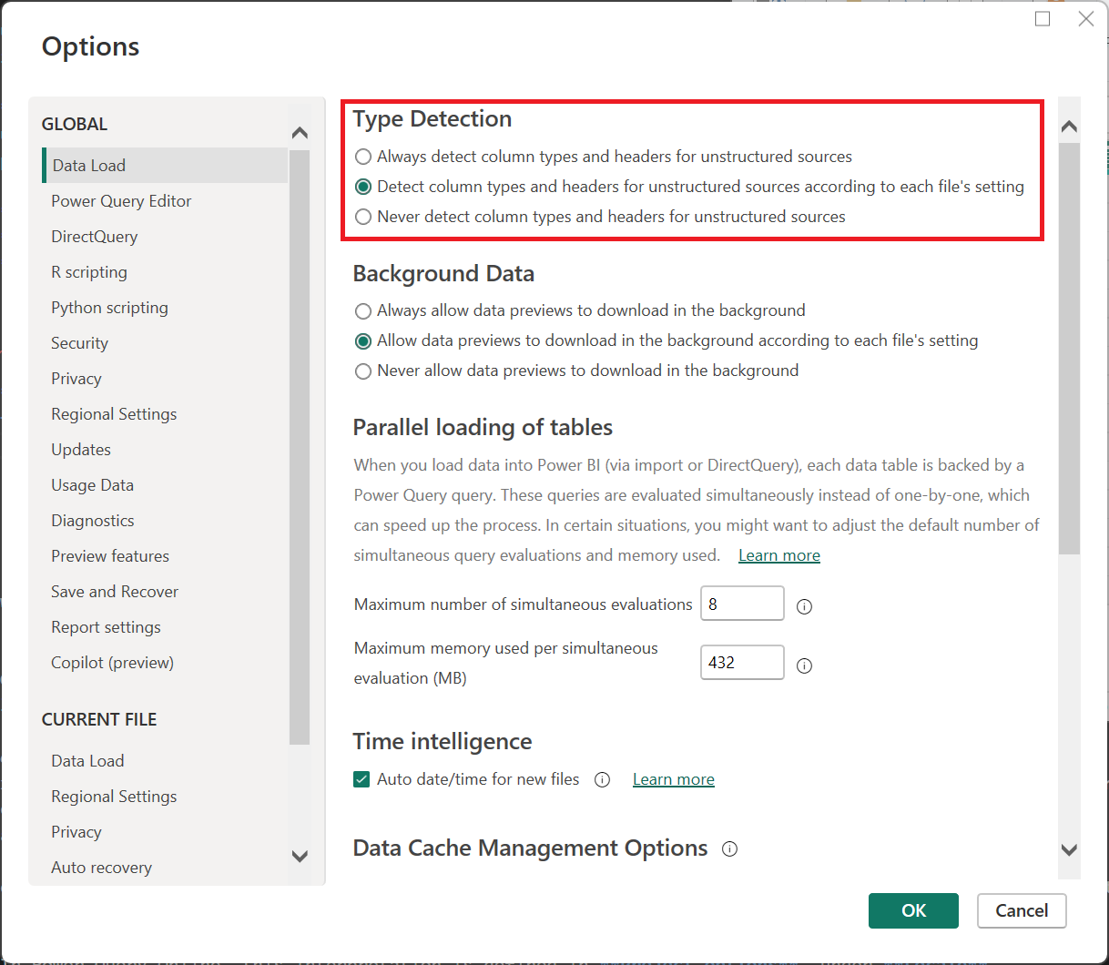 Screenshot of the desktop options to set the global type detection.