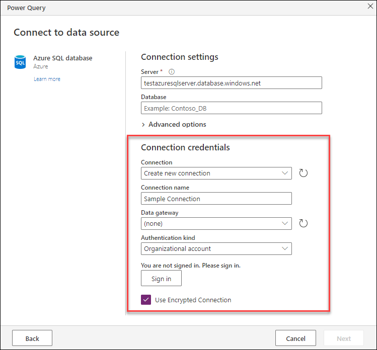Connection credentials of the Azure SQL Database connector where the user is authenticated using the auto sign in feature.