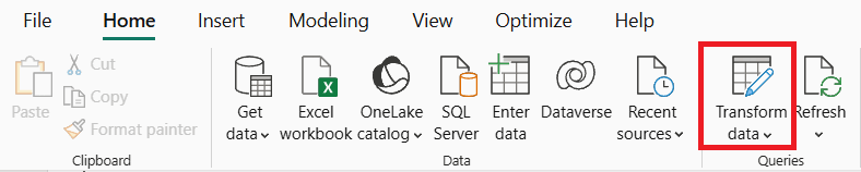 Screenshot of the Home bar in Power BI with the Transform data button highlighted.